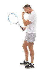 Image showing Winner, tennis sports and celebration of man in studio isolated on white background for exercise. Winning, achievement or mature male athlete with racket celebrating goals, targets or success victory