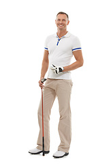 Image showing Man standing with smile, portrait with golf athlete, club and sports with happy person isolated on white background. Fitness, player and game in studio with happiness, excited for sport with exercise