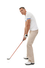 Image showing Golf man, sports and swing of club in studio isolated on a white background ready to start game. Training, thinking and mature male swinging driver for golfing workout, exercise and fitness match.