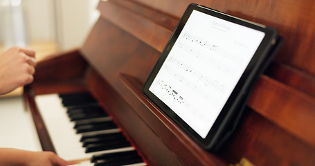 Image showing Girl, piano and tablet with teacher for learning, education or training with tech for music in home. Child, keyboard and mom for development, teaching and theory for art, harmony or time on web