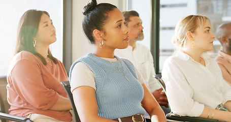 Image showing Conference, audience and tablet of business people in presentation, workshop or seminar for training, innovation and digital startup. Young future employees listening at an internship career meeting