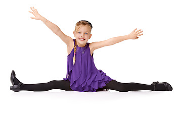 Image showing Dance, talent and splits with portrait of girl for flexibility, fashion and celebration. Happy, party and contemporary with isolated child dancing for health, smile and fitness in white background