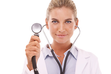 Image showing Healthcare doctor, face and woman with stethoscope in studio on a white background. Portrait, cardiology and female medical cardiologist from Canada holding equipment for heart health and wellness.