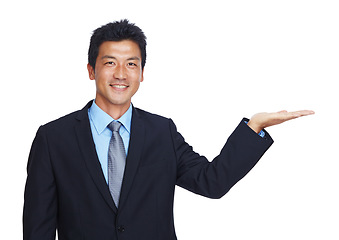 Image showing Happy businessman, portrait or hand palm on isolated white background for finance investment mockup or insurance deal. Smile, worker and corporate asian showing marketing space or advertising mock up