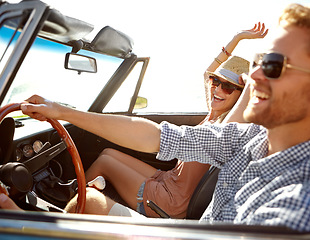 Image showing Car road trip, travel and laughing couple on bonding holiday adventure, transportation journey or fun summer vacation. Love flare, convertible automobile and driver driving on Canada countryside tour