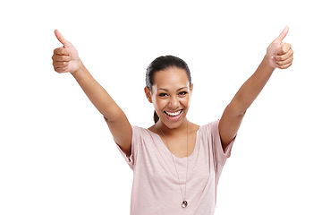 Image showing Portrait, thumbs up and mockup with a black woman in studio isolated on a white background for agreement. Thank you, hands and goal with a female cheering in celebration on blank marketing space