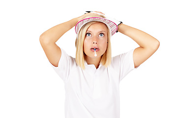 Image showing Golf, mistake and game with a sports woman in studio isolated on a white background looking worried. Shocked, surprised and biting a tee with a female golfer standing hands on head on blank space