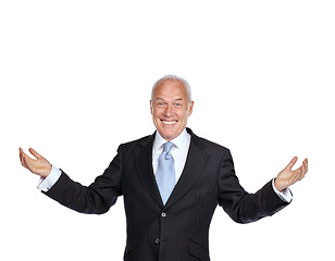 Image showing Senior businessman, raised hands and smile portrait for success, corporate goals and motivation isolated in white background. Elderly man, happy and excited with arms in air for ceo work celebration