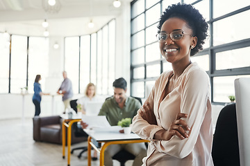 Image showing Leader, black woman and office portrait with business people for success, vision and smile at web design agency. Creative woman, leadership and modern office by blurred background for career goals