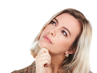 Image showing Mockup, woman or thinking for idea, focus or decision with person isolated on white studio background. Female, girl or concentration for planning, wonder or thoughtful lady with mindset on backdrop