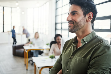 Image showing Creative businessman, smile and thinking for idea, strategy or marketing design plan at the office. Happy employee man designer contemplating, day dreaming or looking away in thought for startup