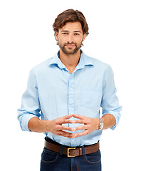 Image showing Business man, smile and portrait of a young professional thinking about corporate job. White background, isolated and studio with a male model with happiness and hands together smiling with an idea