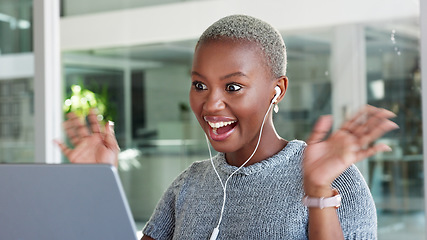 Image showing Video call, meeting and training with a business woman talking online for a workshop, coaching or seminar. Internet, strategy and webinar with a young female employee working and speaking on a laptop