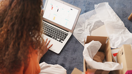 Image showing Fashion, ecommerce and small business box with laptop for inventory and packaging organisation. Online shopping, entrepreneur and clothing company woman sorting packages for delivery schedule.