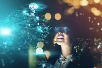 Image showing Woman, tech overlay and cellphone in office for finance research, data analytics or coding in night. Cybersecurity expert, focus and happy in dark workplace with 3d hologram abstract for programming