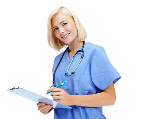 Image showing Portrait, healthcare and writing with a nurse woman in studio isolated on a white background for insurance. Hospital, health and medical with a female medicine professional doctor with a clipboard