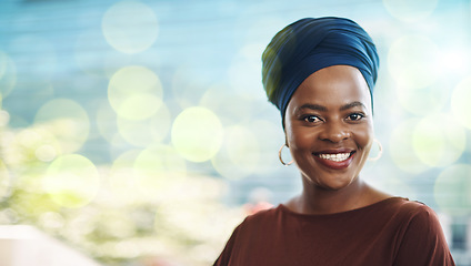 Image showing Corporate black woman, portrait and smile with vision, goals and motivation by blurred background. Female African ceo, business leader and focus with happiness, excited face and mission for success