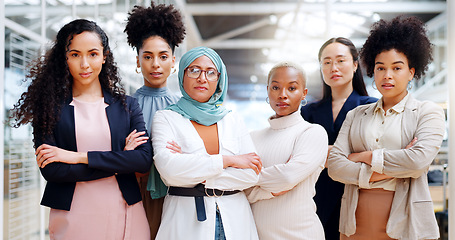 Image showing Leadership, empowerment and woman in hijab with team at creative marketing startup company. Teamwork, diversity and confident group of women with focus and power in advertising industry in office.