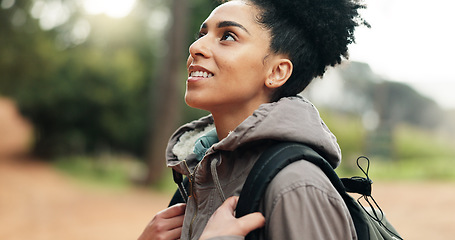 Image showing Beauty, sunshine and freedom for girl hiking in nature forest or woods for peace, fitness exercise or training workout. Travel adventure, wellness journey or black woman trekking in Amazon Rainforest