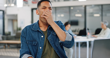 Image showing Businessman, yawning or desk sleeping in modern office, digital marketing startup or advertising branding company. Tired, fatigue or exhausted creative designer and laptop technology or bored burnout