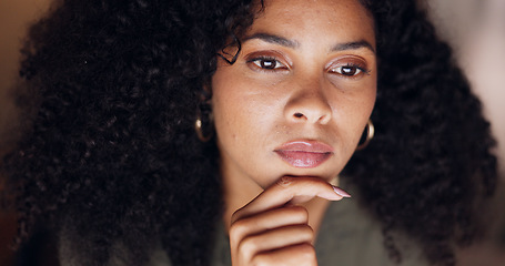 Image showing Work, overtime and thinking, business woman with idea working late on corporate startup company project or report. Night at office, deadline and black woman with serious commitment to evening trade.