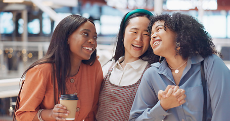 Image showing Friends, women portrait and happiness while together at a shopping mall for coffee, reunion and fun with diversity, travel and bonding. Face of different race group holding hands for gratitude