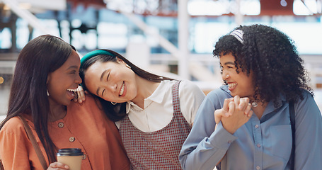 Image showing Friends, women portrait and happiness while together at a shopping mall for coffee, reunion and fun with diversity, travel and bonding. Face of different race group holding hands for gratitude