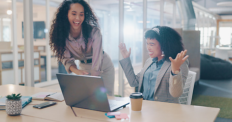 Image showing Teamwork, laptop and business people fist bump, applause and success celebration. Coaching, training and friends, women or coworkers, clapping and celebrate after solving problem in office workplace.