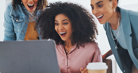 Image showing Laptop, success or women high five at work in celebration of digital marketing sales goals or kpi target. Happy, winner or excited employees hugging to celebrate bonus, business growth or achievement