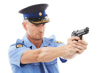 Image showing Man, police officer and pointing gun standing ready to fire or shoot isolated on a white studio background. Male security guard or detective holding firearm to uphold the law, stop crime or violence