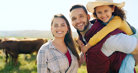 Image showing Man, woman and girl bonding on farm in nature environment, sustainability agriculture and farming cows landscape. Portrait, smile and happy child in piggyback with farmer family and Argentina parents