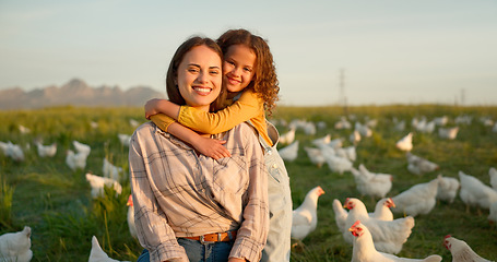 Image showing Hug, child and mother on a farm with chicken on mothers day, travel or holiday in Argentina together. Happy, portrait and kiss from girl with her mama on a field with animals during vacation