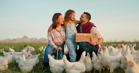 Image showing Chicken farming, eggs and family on field for sustainability love, care and countryside lifestyle on blue sky mock up. Agriculture, sustainable mother, father with child for food production industry