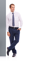 Image showing Corporate, ceo and business man on a white background for success, leadership and manager career. Professional worker, office boss and entrepreneur isolated in studio with wall for confident attitude
