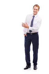 Image showing Businessman, smile portrait and manager standing in white background for success motivation. Corporate man, happy and employee welcome, positive mindset and confident happiness isolated in studio