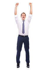 Image showing Business man, celebration and winner jumping for employee goals, success happiness and announcement in white background. Corporate worker, happy and hands celebrate achievement isolated in studio