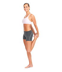 Image showing Fitness, stretching legs and portrait of woman in studio isolated on a white background mock up. Sports, training and happy female model or athlete warm up, preparing and getting ready for workout.