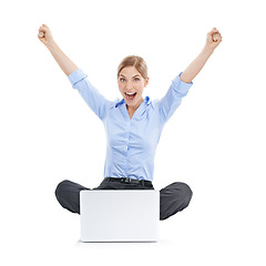 Image showing Success, celebration and business woman with laptop in studio isolated on white background. Winner, computer or portrait of female celebrating goals, target achievement or victory, lottery or winning