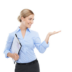 Image showing Business woman, hand and palm for clipboard promotion, recruitment advertising branding and contract marketing. Smile, happy worker and hr manager showing mock up space on isolated white background