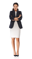 Image showing Woman, corporate studio portrait and arms crossed for vision, success and suit by white background. Black woman, executive business leader and isolated professional with focus for motivation for goal