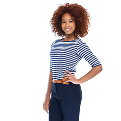 Image showing Portrait, smile and black woman in studio, white background and isolated pose. Happy female model, trendy fashion and casual outfit style with afro, motivation and happiness of confident empowerment