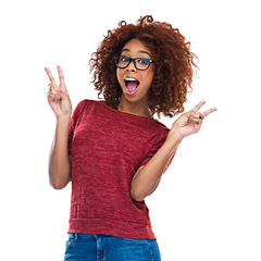 Image showing Portrait, peace and excited with a model black woman posing in studio isolated on a white background. Social media, emoji and hand sign with a female feeling surprised with a wow expression