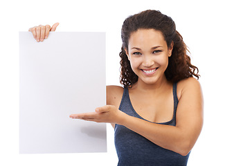 Image showing Girl, mock up and advertising paper portrait showing empty, blank and promotion signboard for campaign. Happy black woman presenting poster mockup in isolated white background for marketing.