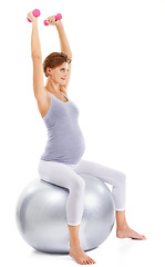 Image showing Fitness, pregnancy and girl with dumbbells on ball for maternity wellness, healthy lifestyle and wellbeing. Sports, health and pregnant woman for workout, exercise and pilates with weights in studio