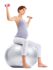 Image showing Fitness, weightlifting and pregnant woman on gym ball for maternity wellness, healthy lifestyle and wellbeing. Sports, pregnancy and female for workout, exercise and pilates with dumbbells in studio