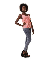 Image showing Fashion, stylish and portrait of a black woman with confidence on a white background in studio. Trendy, fashionable and clothing of a young African model with an elegant pose and attitude in Nigeria