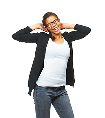 Image showing Girl student, studio and silly dance with smile, focus and funny time by white background for success. Young black woman, glasses and isolated for comic laughing, development or future education goal