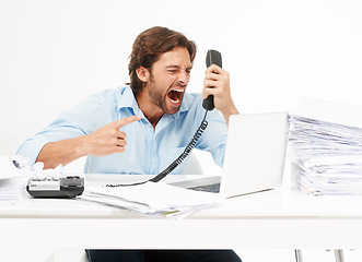 Image showing Telephone call, shout and business man angry over bad tech support, poor customer service or communication problem. Administration anger, accounting paperwork or studio accountant on white background