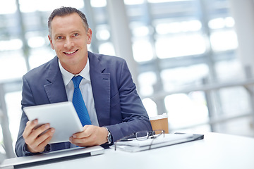 Image showing Smile, corporate or businessman with tablet for invest strategy, finance growth or financial review. CEO, portrait or manager in office building planning, data analysis or economy data analytics read