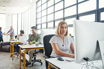 Image showing Business, office building and woman with computer working on online email, website research and project. Productivity, corporate agency and female worker at desk for planning, schedule and strategy